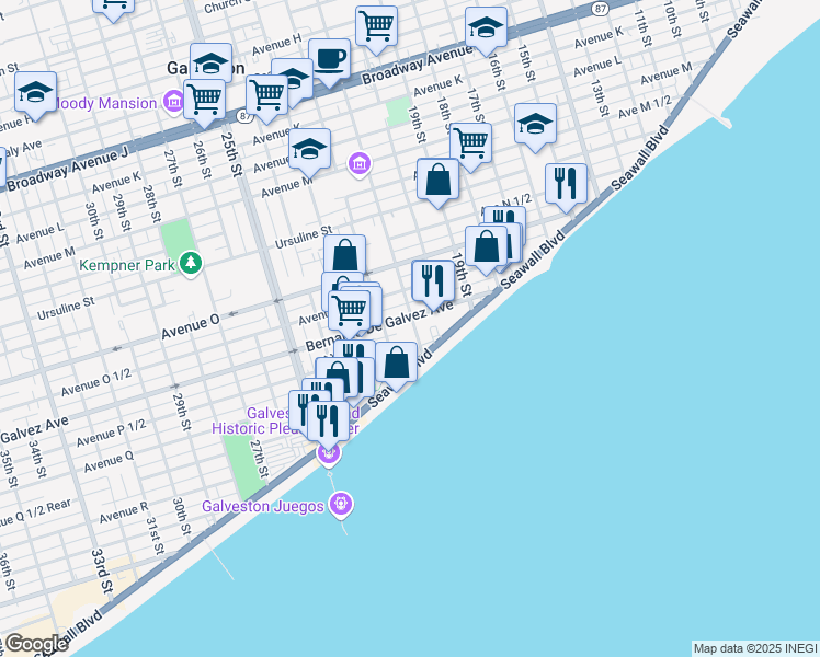 map of restaurants, bars, coffee shops, grocery stores, and more near 1909 21st Street in Galveston