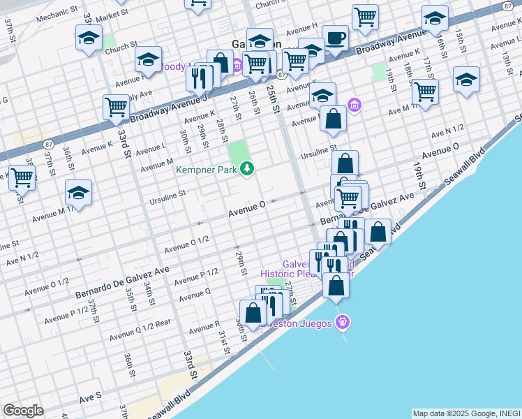map of restaurants, bars, coffee shops, grocery stores, and more near 2705 Avenue O in Galveston