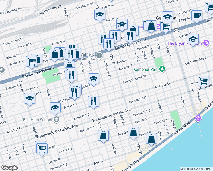 map of restaurants, bars, coffee shops, grocery stores, and more near 3501 Ursuline Street in Galveston