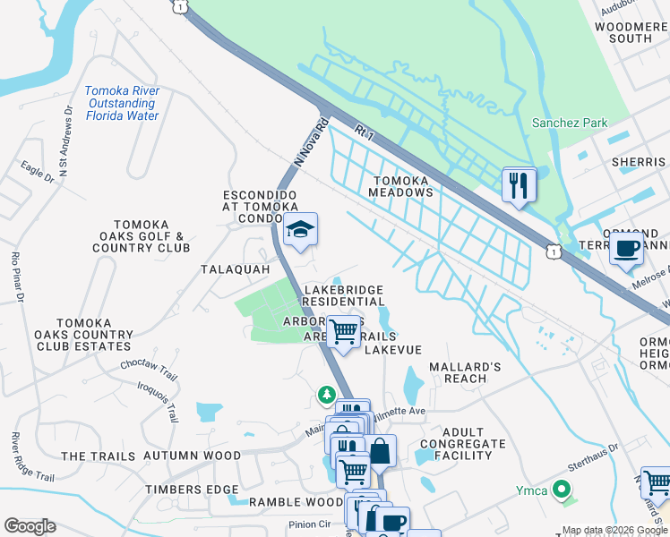 map of restaurants, bars, coffee shops, grocery stores, and more near 102 Tomoka Meadows Boulevard in Ormond Beach