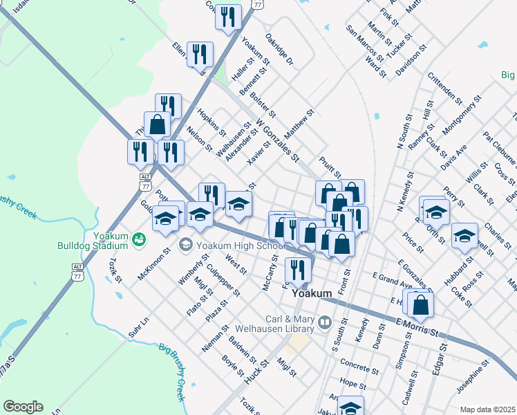 map of restaurants, bars, coffee shops, grocery stores, and more near 605 West May Street in Yoakum