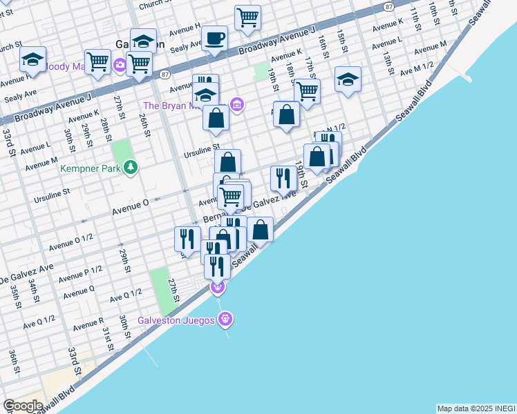 map of restaurants, bars, coffee shops, grocery stores, and more near 2123 Bernardo De Galvez Avenue in Galveston