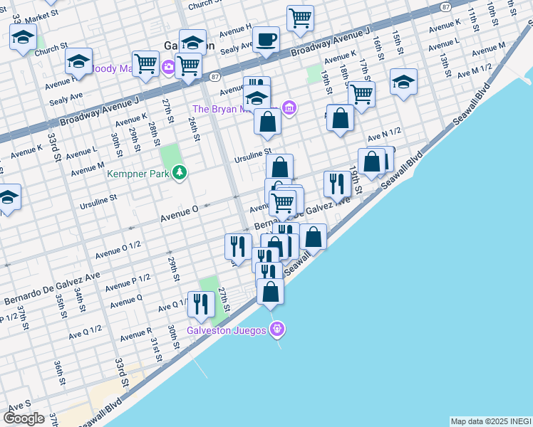 map of restaurants, bars, coffee shops, grocery stores, and more near 2408 Bernardo De Galvez Avenue in Galveston