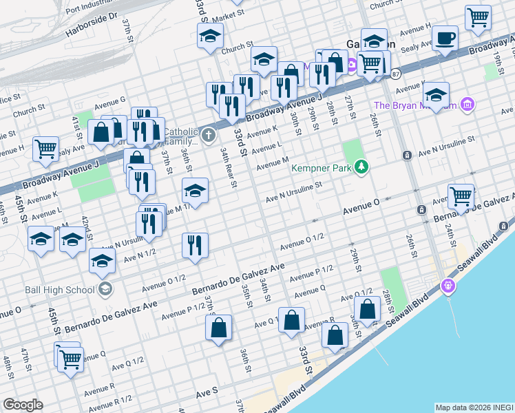 map of restaurants, bars, coffee shops, grocery stores, and more near 3224 Avenue North 1/2 in Galveston