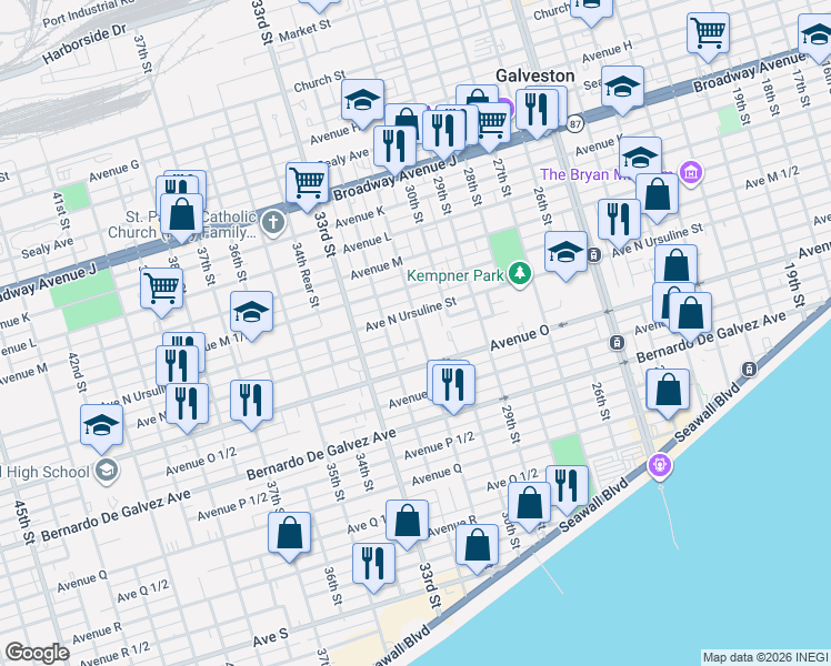 map of restaurants, bars, coffee shops, grocery stores, and more near 3119 Ursuline Street in Galveston