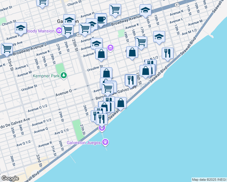 map of restaurants, bars, coffee shops, grocery stores, and more near 1909 22nd Street in Galveston