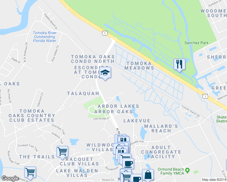 map of restaurants, bars, coffee shops, grocery stores, and more near 36 Tomoka Meadows Boulevard in Ormond Beach