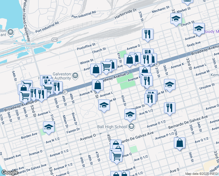 map of restaurants, bars, coffee shops, grocery stores, and more near 1013 43rd Street in Galveston