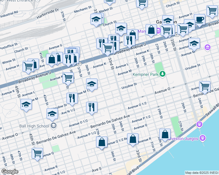 map of restaurants, bars, coffee shops, grocery stores, and more near 1411 34th Street in Galveston