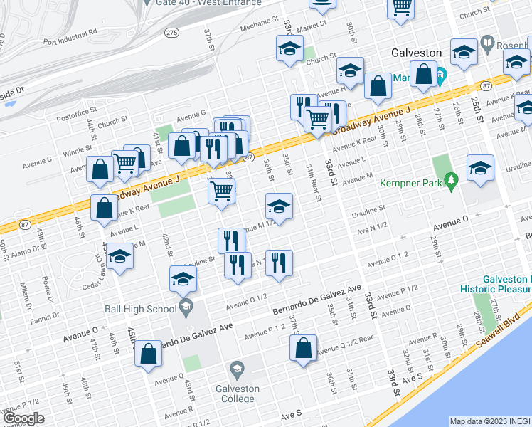 map of restaurants, bars, coffee shops, grocery stores, and more near 1217 37th Street in Galveston