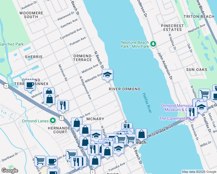 map of restaurants, bars, coffee shops, grocery stores, and more near 289 North Beach Street in Ormond Beach