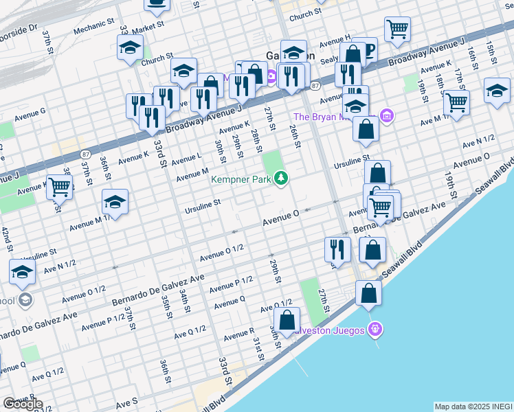 map of restaurants, bars, coffee shops, grocery stores, and more near 2898 Avenue North 1/2 in Galveston