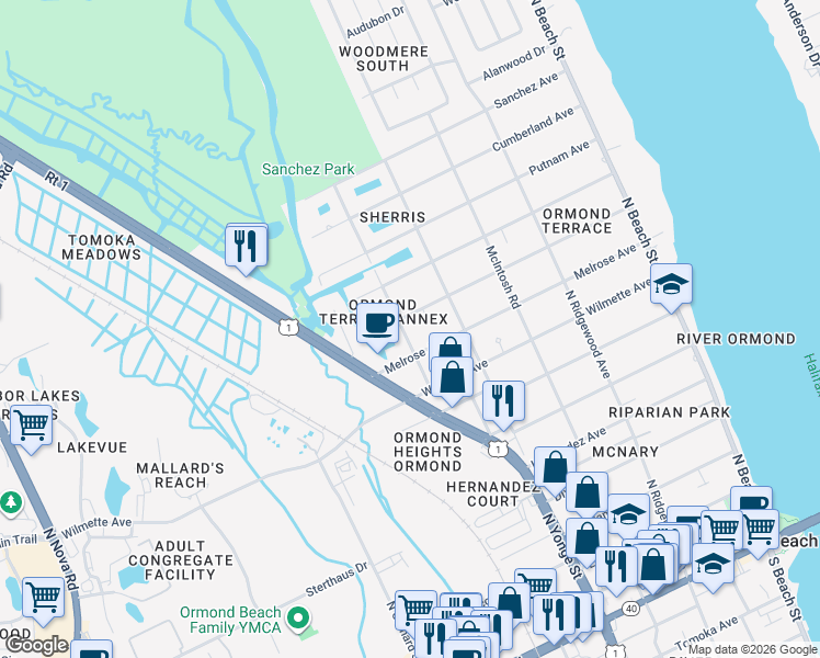 map of restaurants, bars, coffee shops, grocery stores, and more near 427 Andrews Street in Ormond Beach