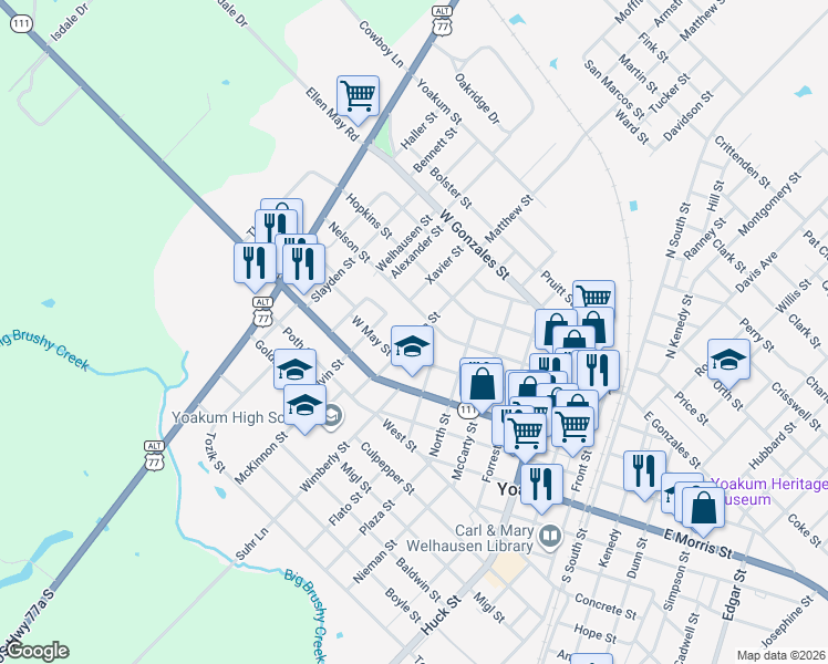 map of restaurants, bars, coffee shops, grocery stores, and more near 408 Cecilia Street in Yoakum