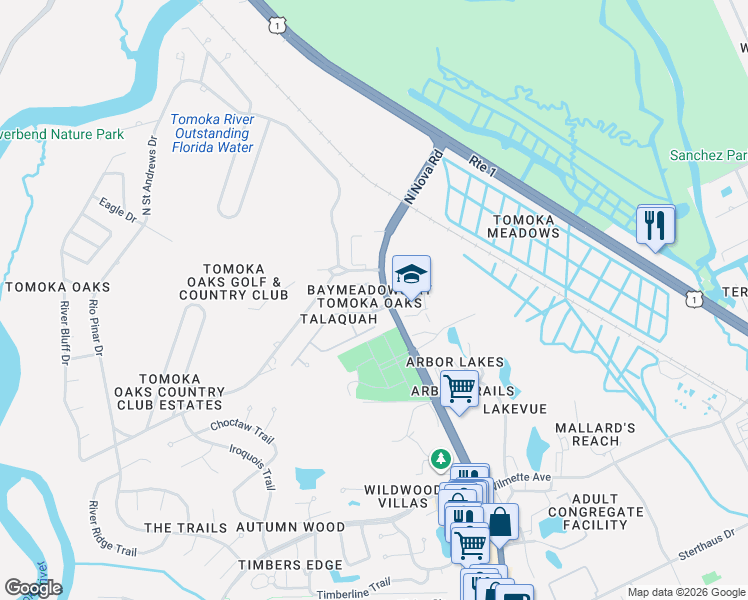 map of restaurants, bars, coffee shops, grocery stores, and more near 596 North Nova Road in Ormond Beach