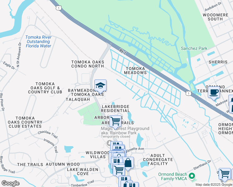 map of restaurants, bars, coffee shops, grocery stores, and more near 62 Tomoka Meadows Boulevard in Ormond Beach