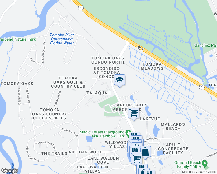 map of restaurants, bars, coffee shops, grocery stores, and more near 11 North Ravensfield Lane in Ormond Beach