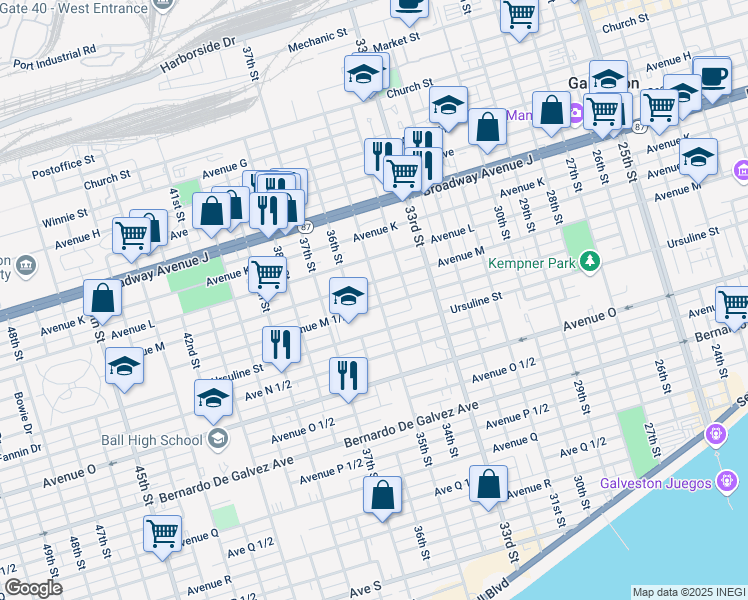 map of restaurants, bars, coffee shops, grocery stores, and more near 1312 35th Street in Galveston