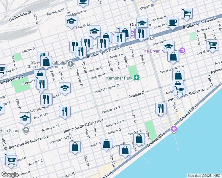map of restaurants, bars, coffee shops, grocery stores, and more near 1413 31st Street in Galveston