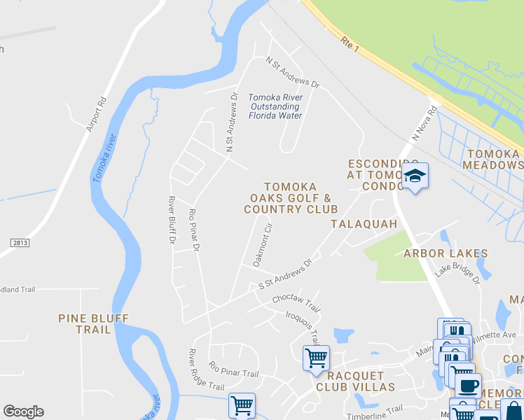 map of restaurants, bars, coffee shops, grocery stores, and more near 33 Oakmont Circle in Ormond Beach