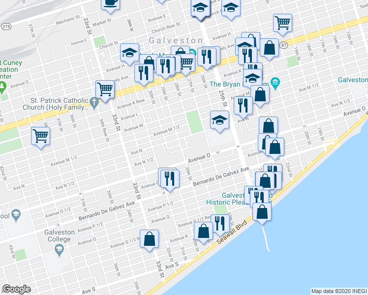 map of restaurants, bars, coffee shops, grocery stores, and more near 1528 29th Street in Galveston