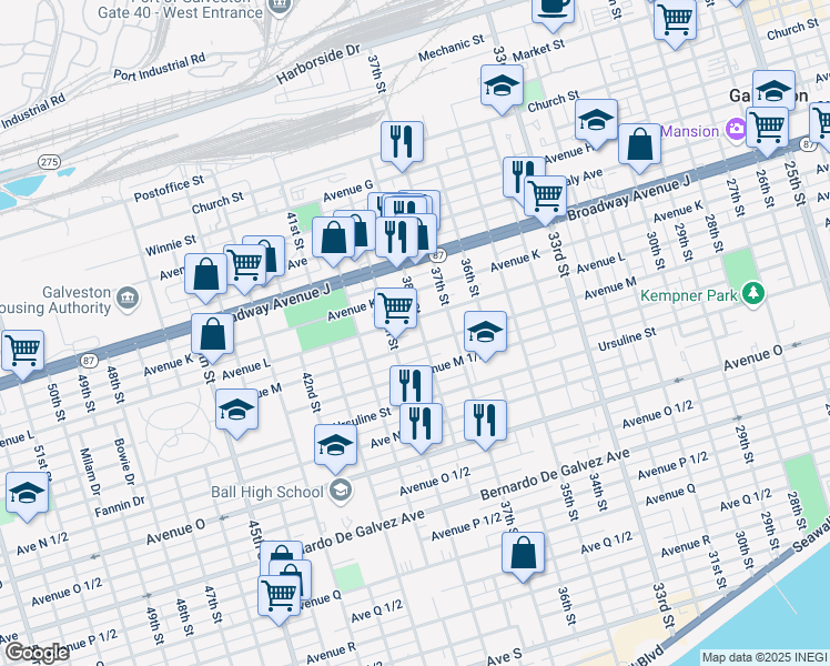 map of restaurants, bars, coffee shops, grocery stores, and more near 3807 Avenue L in Galveston