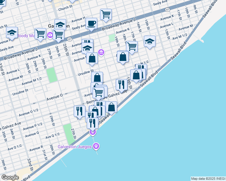map of restaurants, bars, coffee shops, grocery stores, and more near 2122 Avenue O 1/2 in Galveston