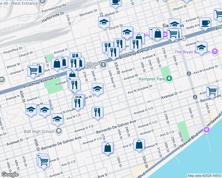 map of restaurants, bars, coffee shops, grocery stores, and more near 3414 Avenue M 1/2 in Galveston