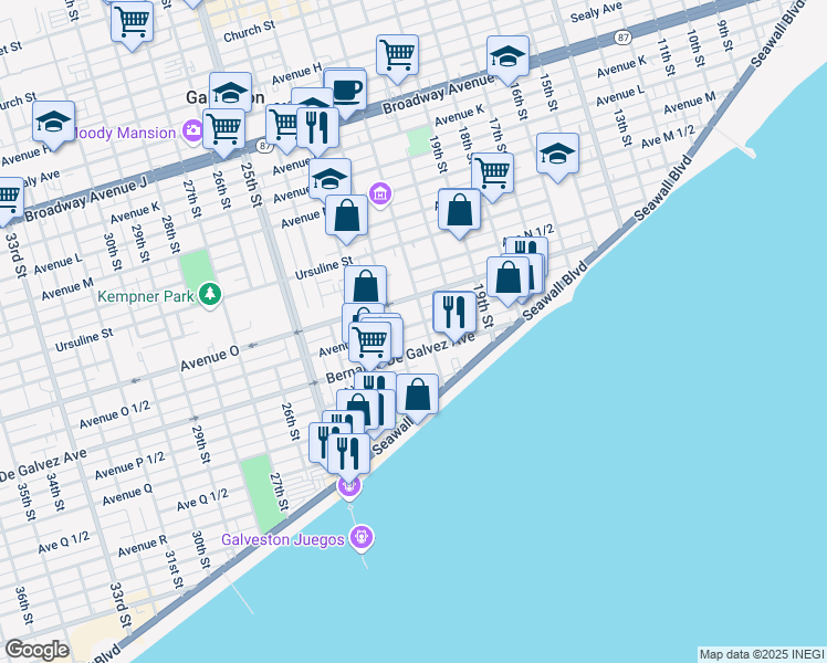 map of restaurants, bars, coffee shops, grocery stores, and more near 2109 Avenue O 1/2 in Galveston