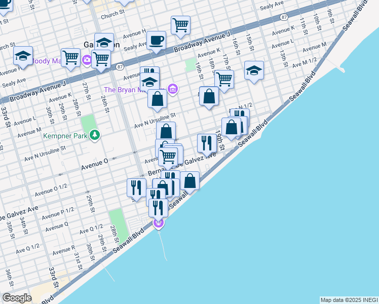 map of restaurants, bars, coffee shops, grocery stores, and more near 2122 Avenue O 1/2 in Galveston