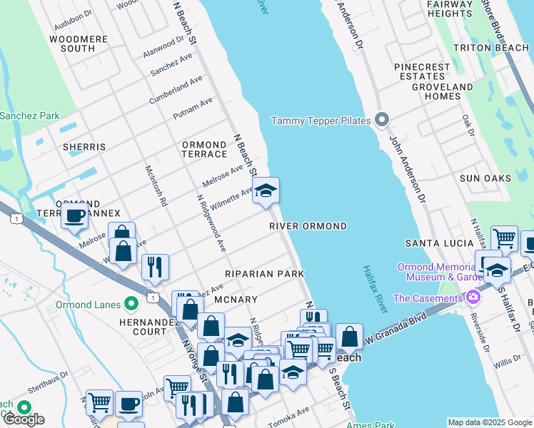 map of restaurants, bars, coffee shops, grocery stores, and more near 300 North Beach Street in Ormond Beach