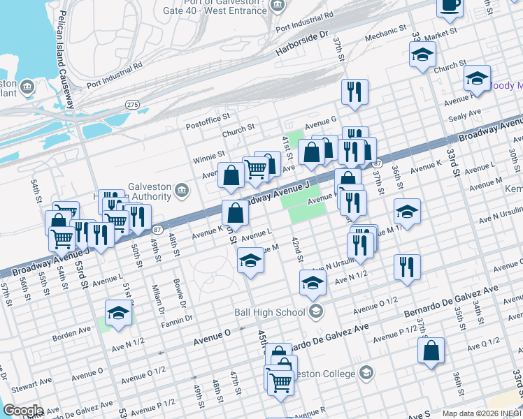map of restaurants, bars, coffee shops, grocery stores, and more near 1013 43rd Street in Galveston