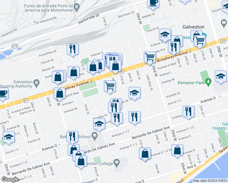 map of restaurants, bars, coffee shops, grocery stores, and more near 3807 Avenue L in Galveston