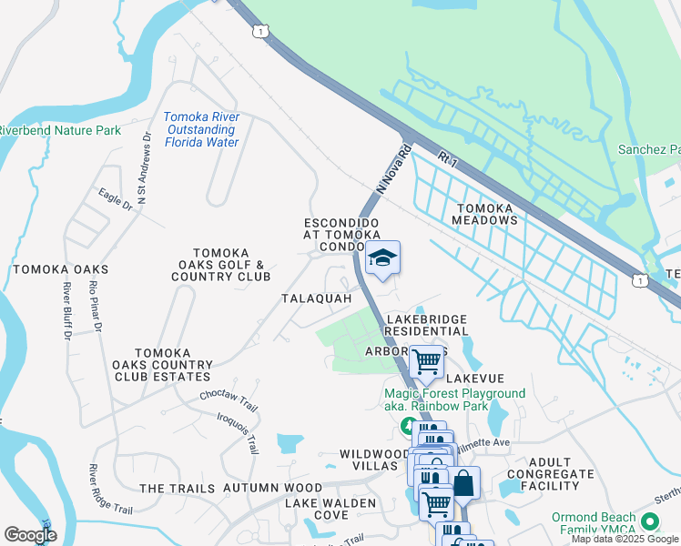 map of restaurants, bars, coffee shops, grocery stores, and more near 11 North Ravensfield Lane in Ormond Beach