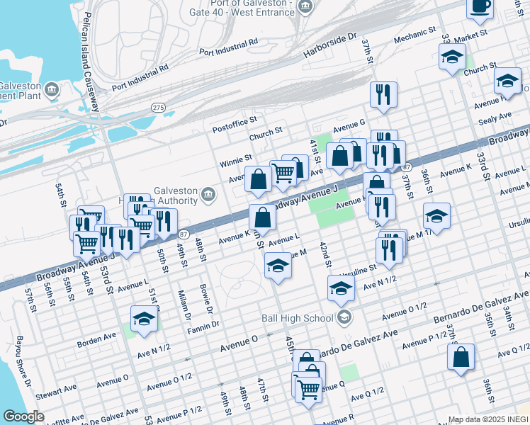 map of restaurants, bars, coffee shops, grocery stores, and more near 4401 State Highway 87 in Galveston