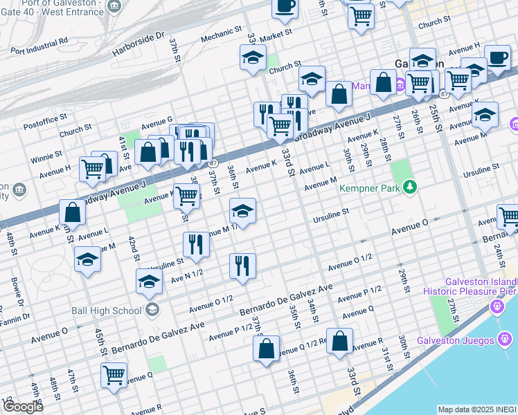 map of restaurants, bars, coffee shops, grocery stores, and more near 3501 Avenue M in Galveston