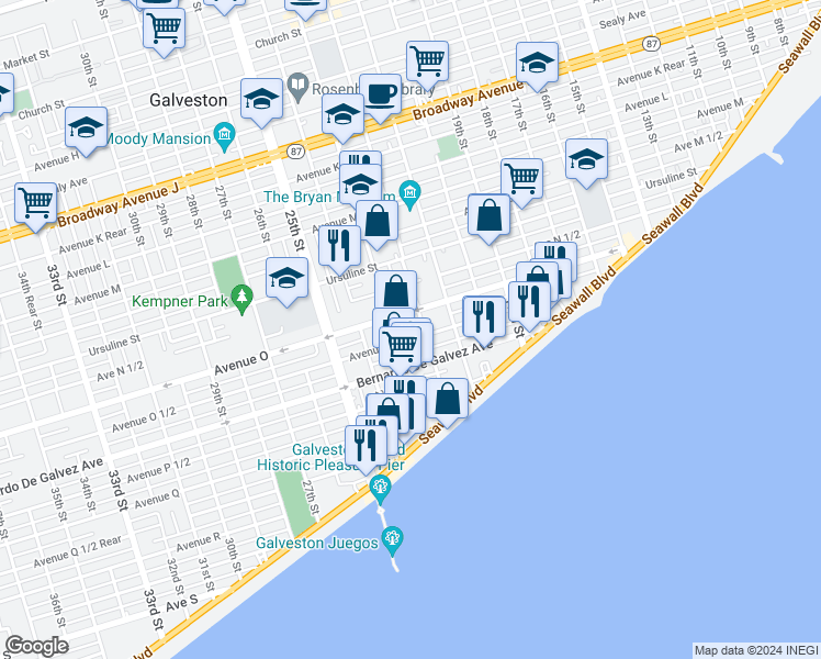 map of restaurants, bars, coffee shops, grocery stores, and more near 2216 Avenue O 1/2 in Galveston