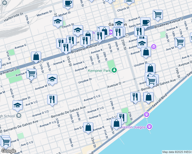 map of restaurants, bars, coffee shops, grocery stores, and more near 3018 Ursuline Street in Galveston