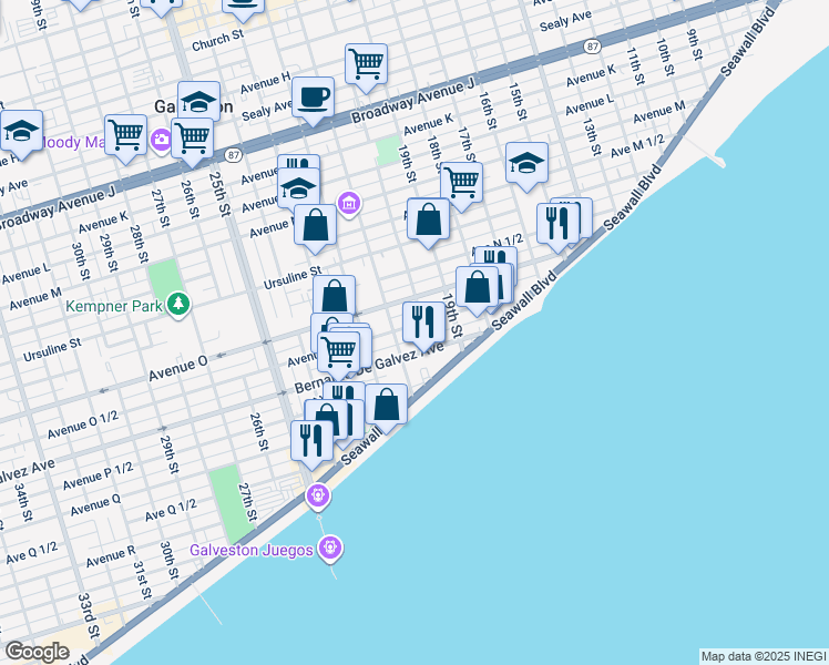 map of restaurants, bars, coffee shops, grocery stores, and more near 2011 Avenue O 1/2 in Galveston