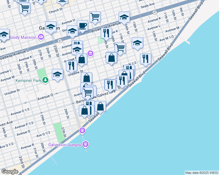 map of restaurants, bars, coffee shops, grocery stores, and more near 2011 Avenue O 1/2 in Galveston