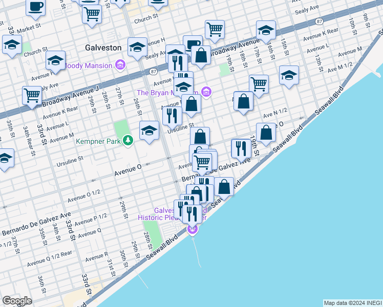 map of restaurants, bars, coffee shops, grocery stores, and more near 2401 Avenue O in Galveston