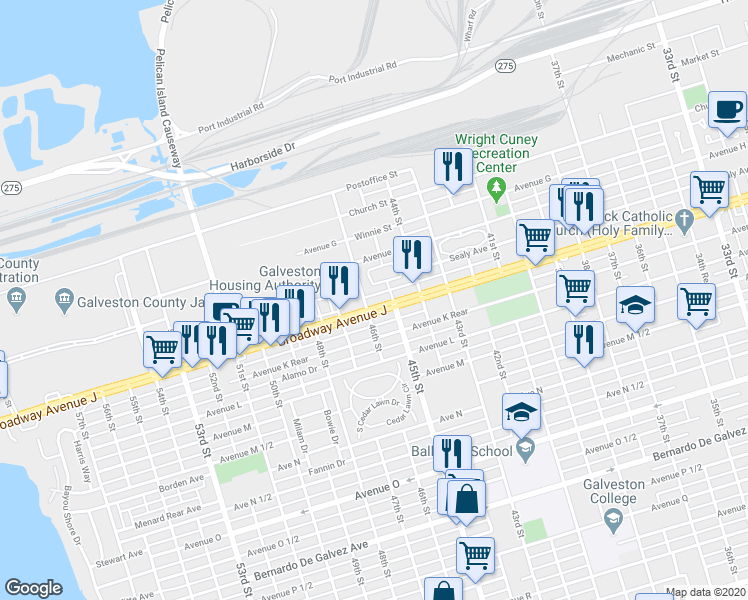 map of restaurants, bars, coffee shops, grocery stores, and more near 4524 Broadway Avenue J in Galveston