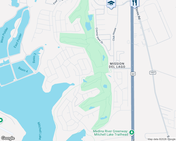 map of restaurants, bars, coffee shops, grocery stores, and more near 1250 Mission Grande in San Antonio