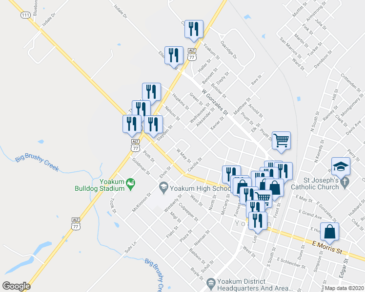 map of restaurants, bars, coffee shops, grocery stores, and more near 204 Walter Street in Yoakum