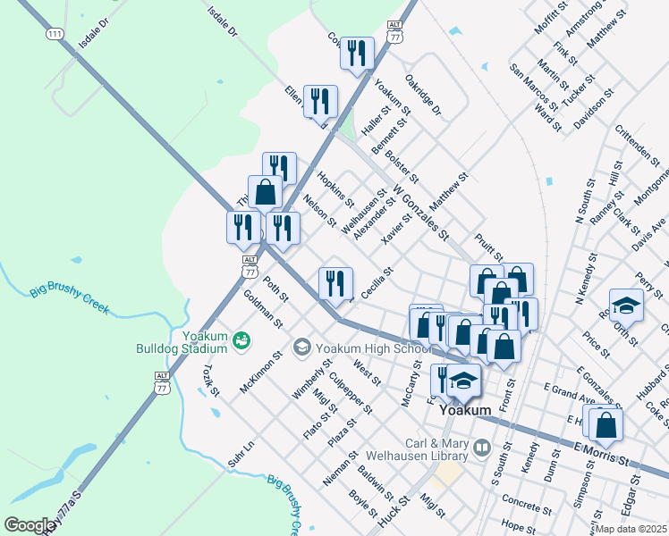 map of restaurants, bars, coffee shops, grocery stores, and more near 204 Walter Street in Yoakum