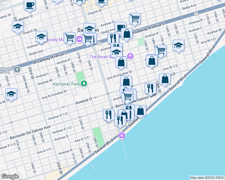 map of restaurants, bars, coffee shops, grocery stores, and more near 2401 Avenue O in Galveston