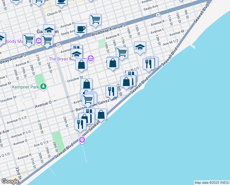 map of restaurants, bars, coffee shops, grocery stores, and more near 1819 19th Street in Galveston