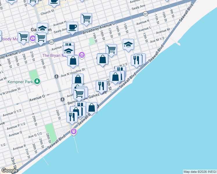 map of restaurants, bars, coffee shops, grocery stores, and more near 1809 19th Street in Galveston