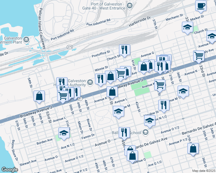 map of restaurants, bars, coffee shops, grocery stores, and more near 4401 State Highway 87 in Galveston