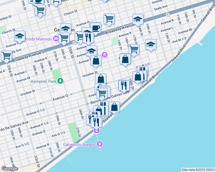 map of restaurants, bars, coffee shops, grocery stores, and more near 2122 Avenue O 1/2 in Galveston